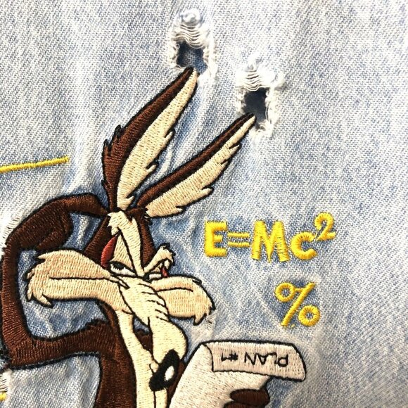 VTG Warner Bro Wylie E Coyote Denim Shirt Men's L Metal Button Front Y2K - Picture 4 of 7